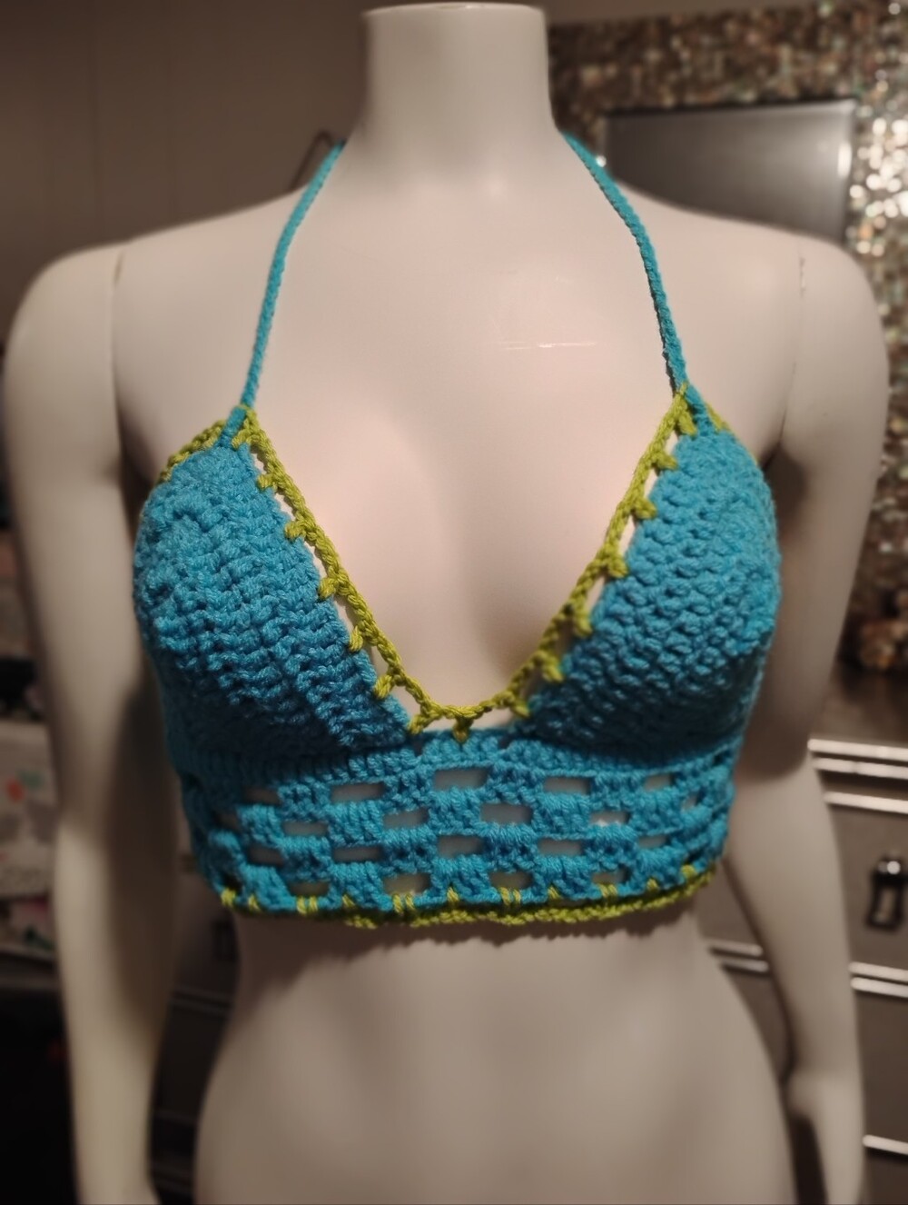 Handmade Crochet Bralette - Turquoise with Lime Trim - Picture 2 of 11